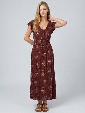 Vintage Nostalgia Boho Brown Floral Maxi Dress Sz M Sleeveless Cottage Summer